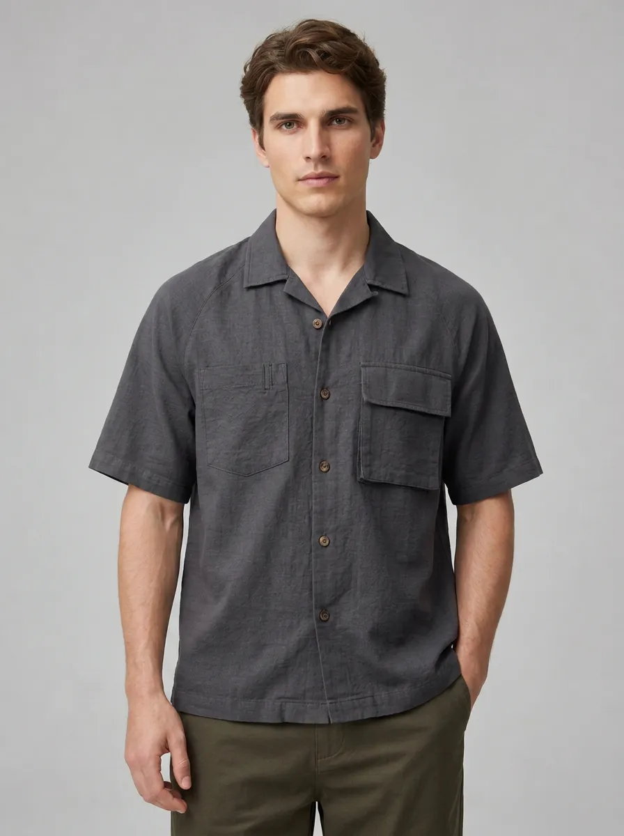 Men's Casual Breathable Charcoal Grey Pocket Button-Down Shirt