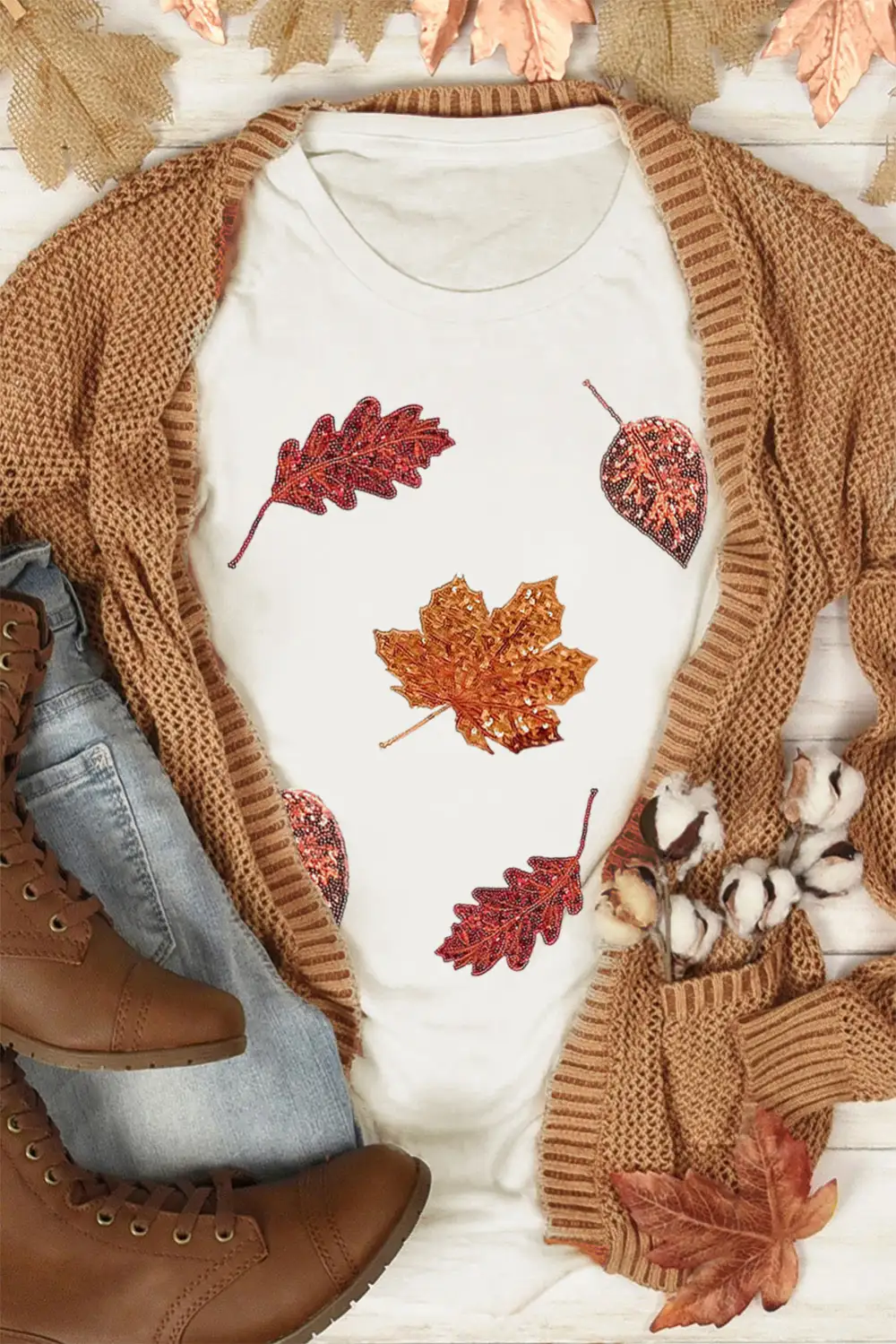 White Halloween Sequined Leaves Graphic