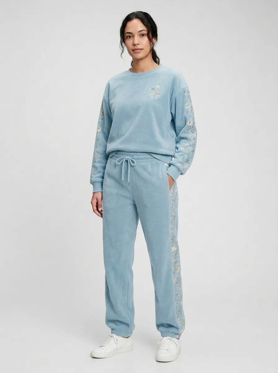 Women's Sleeve-Embroidered Crewneck Sweatshirt And Side-Detail Jogger Fleece Lounge Set