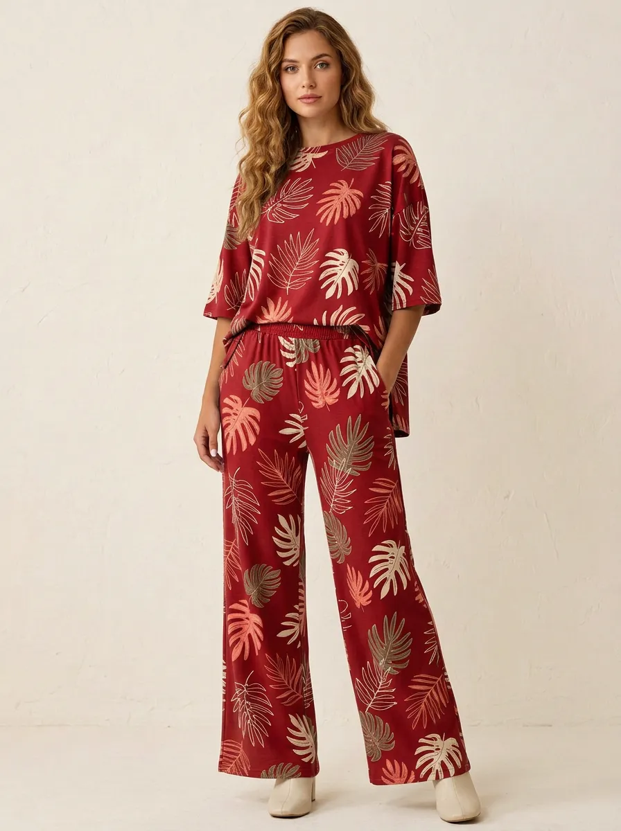 Women's Tropical Leaf Print Drop-Shoulder Top And Straight-Leg Trouser Lounge Set