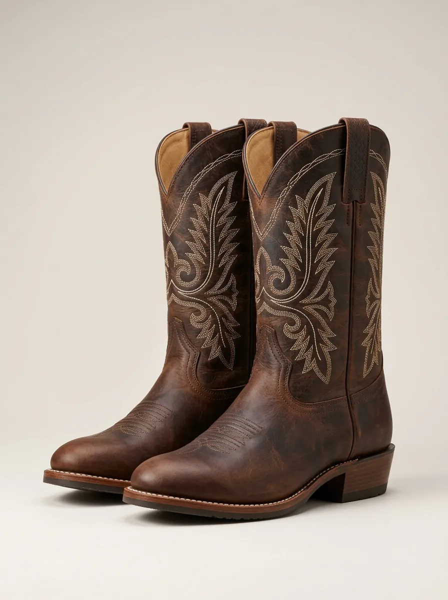 Men's Heritage Western Embroidered Brown Leather Printed Boots