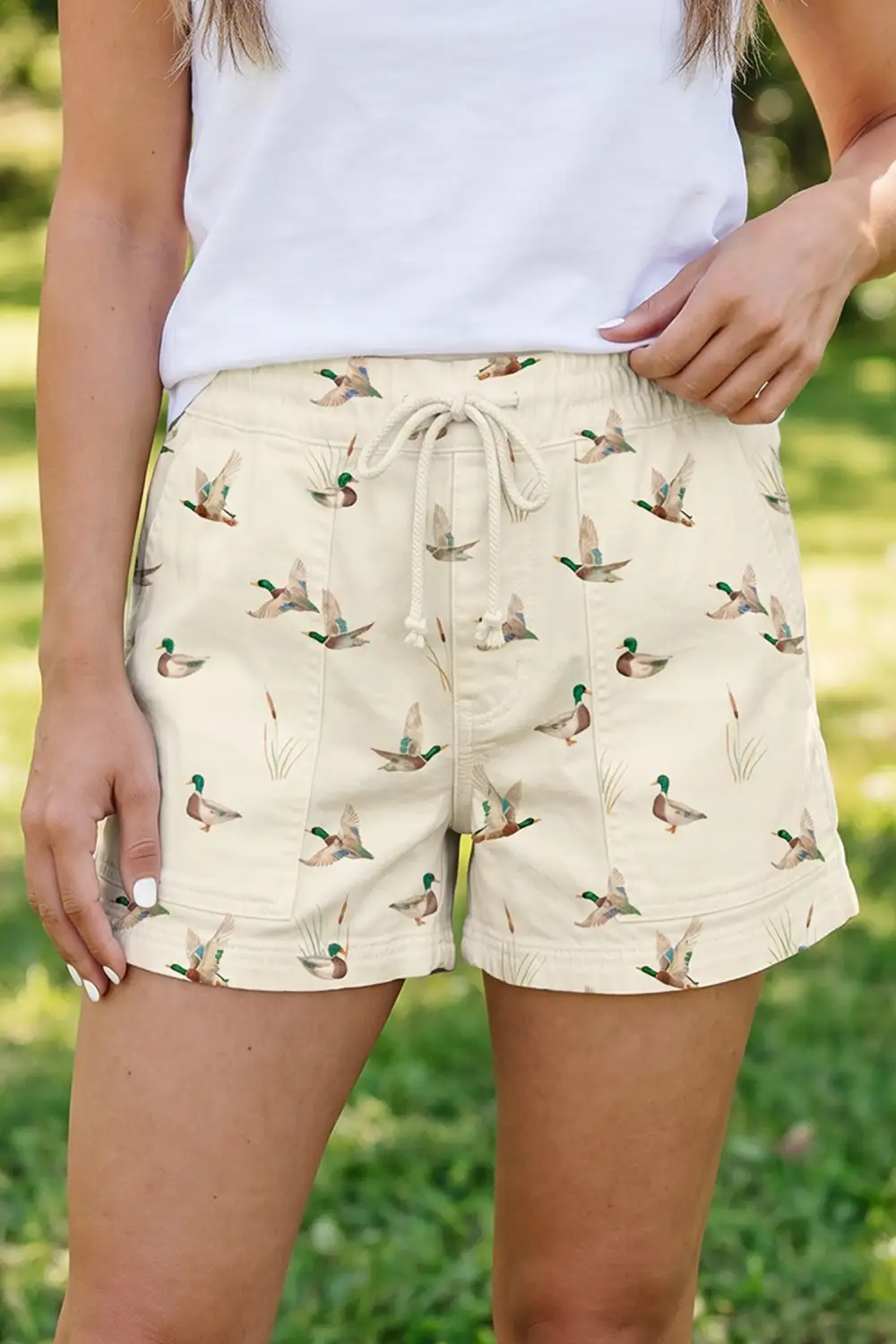 Wild Duck Mallard Printed Drawstring Denim Shorts