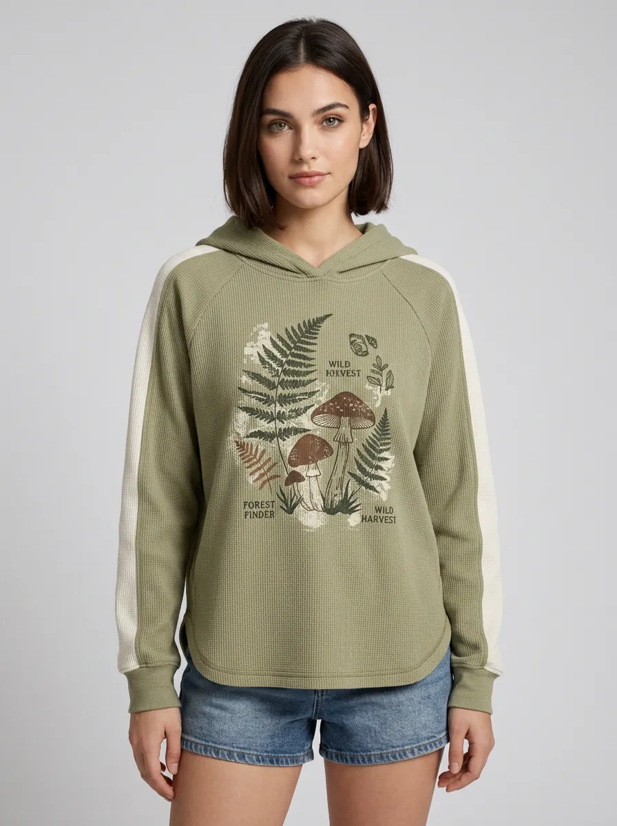 Women's Nature Lover Mushroom Fern Printed Waffle Hoodie