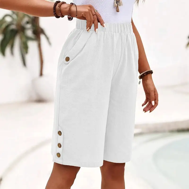 Women's Linen-Look Button Detail Relaxed Shorts