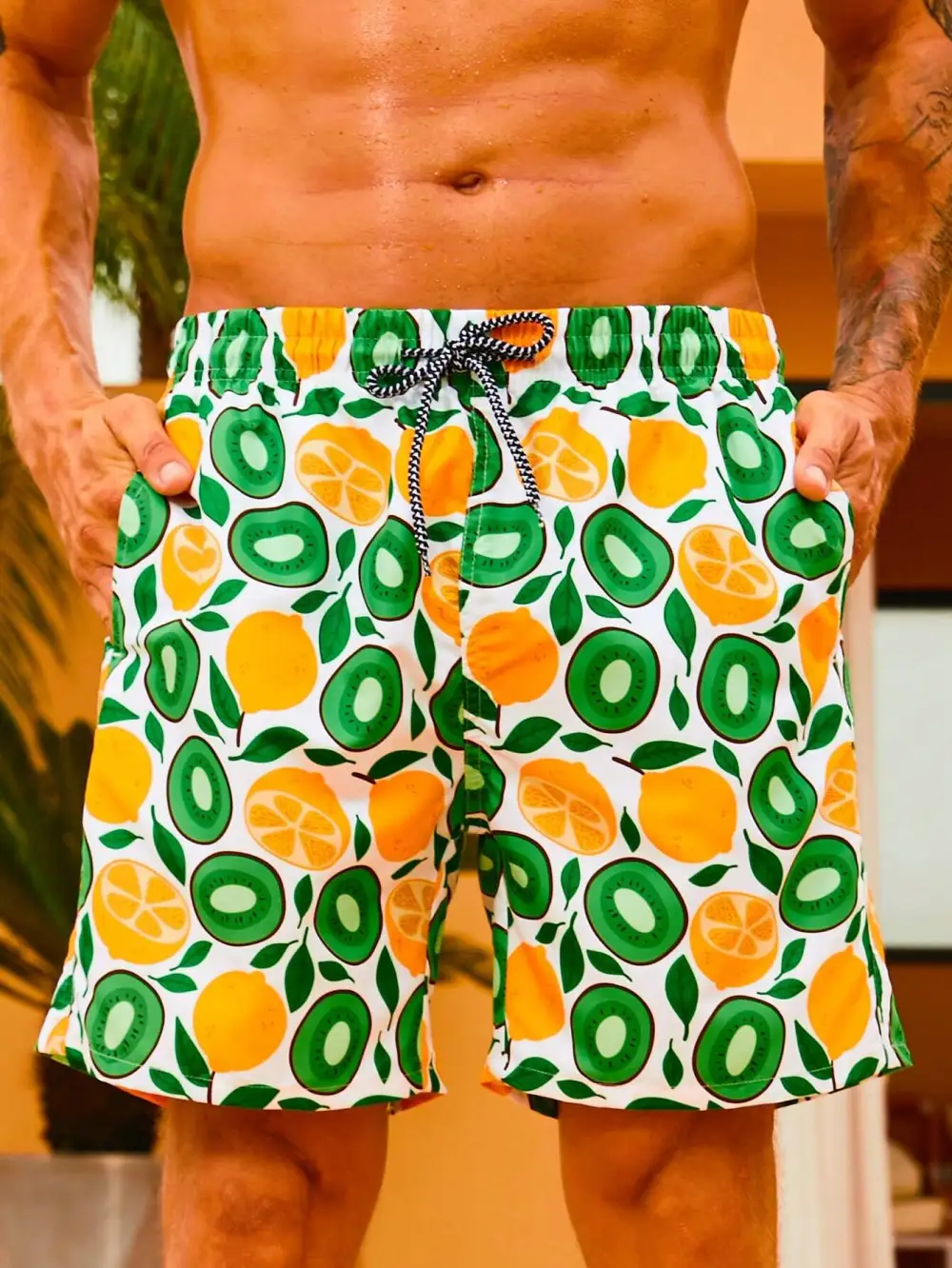 Men's Drawstring Lemon Print Swim Trunks