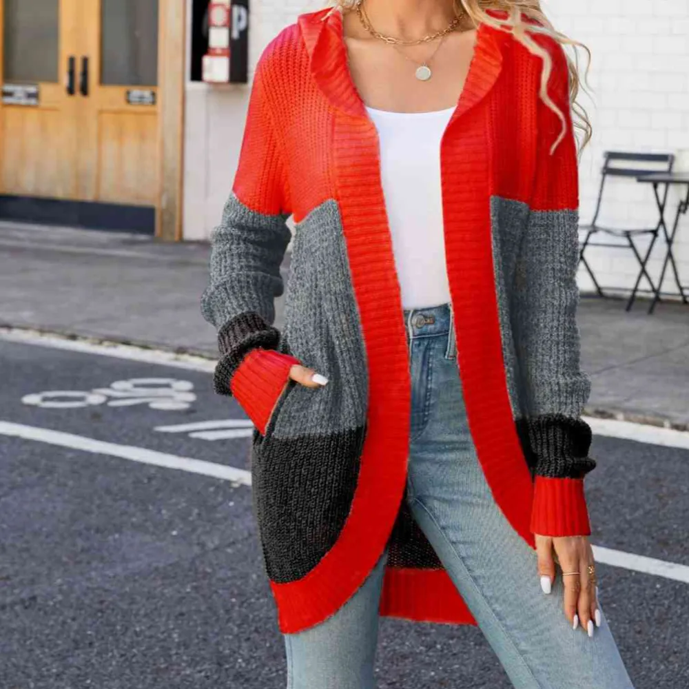 Open Front Hooded Color Block Cardigan