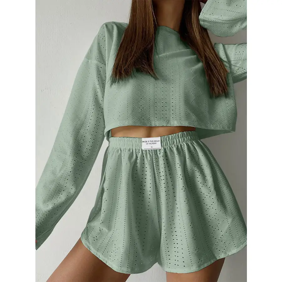 Relaxed Eyelet Round Neck Top and Shorts Set