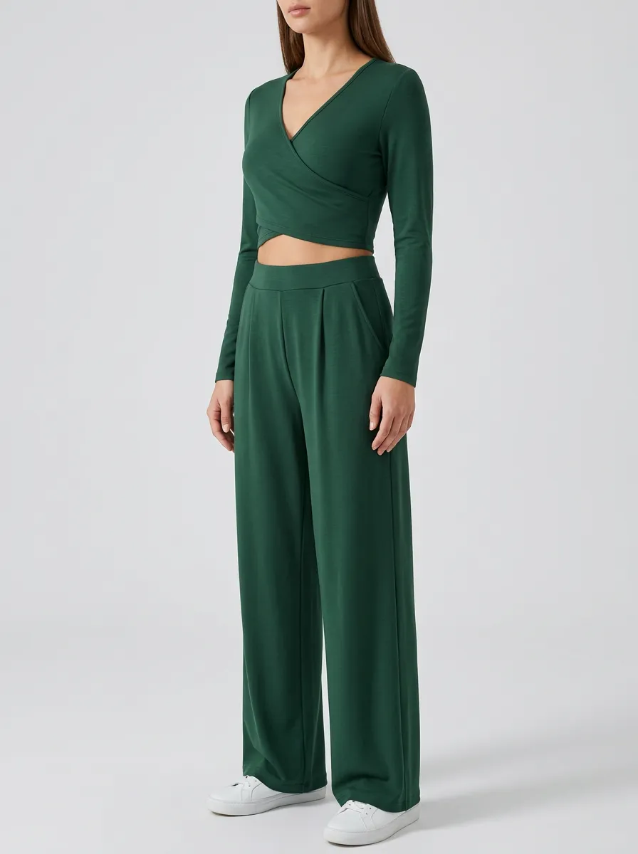 Women's Wrap V-Neck Crop Top and Side-Pocket Wide-Leg Trouser Set