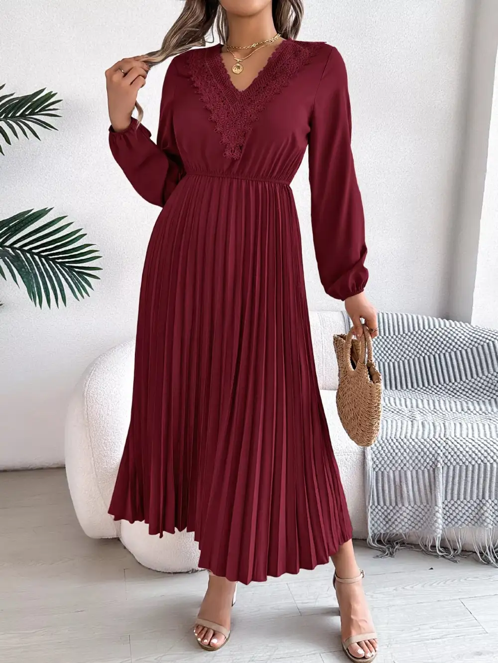 Lace V Neck Pleated Dress Casual