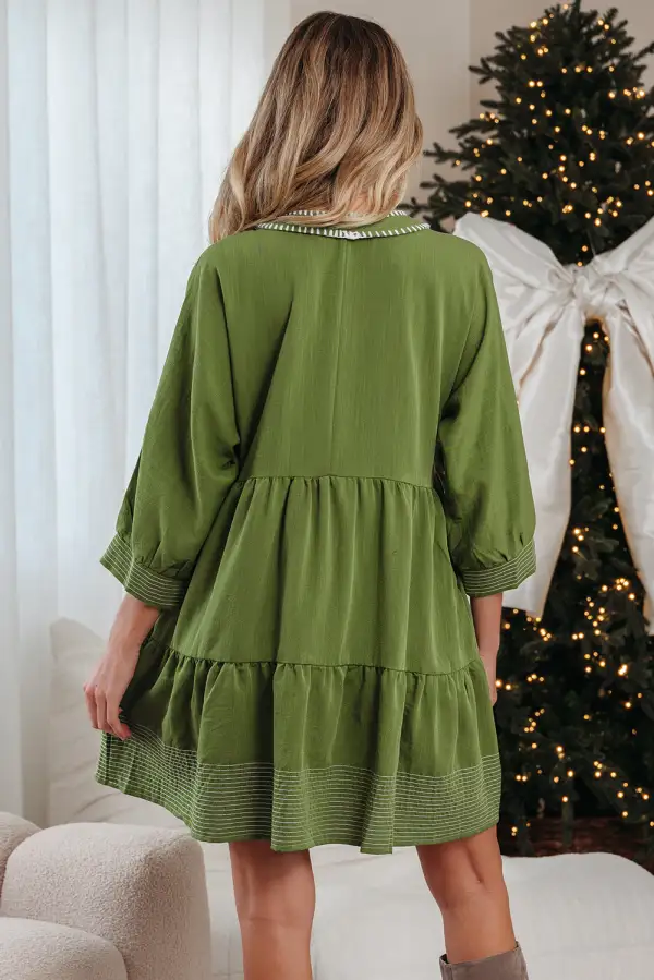 Jungle Contrast Stitched V Neck Three Quarter Sleeve Tiered Mini Dress