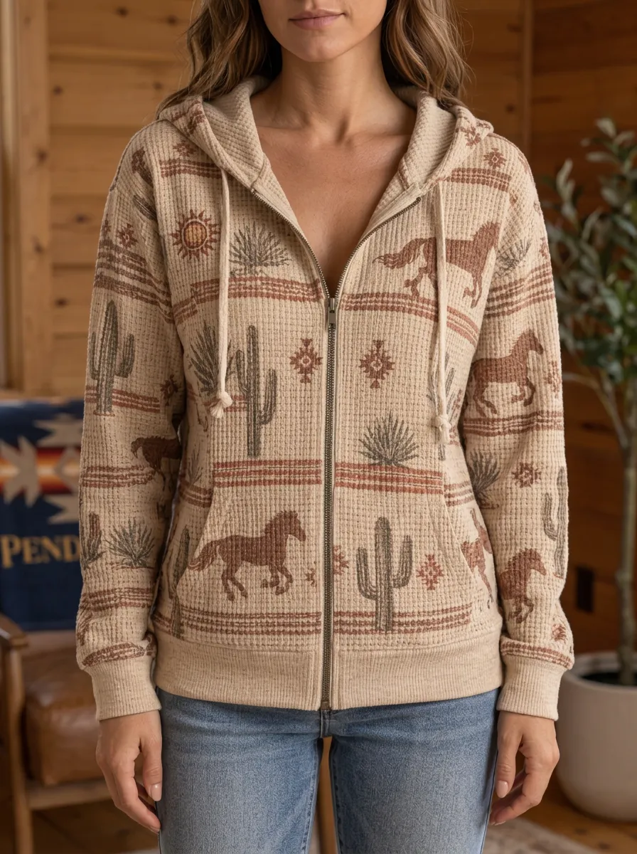 Women's Western Horse Cactus Signature Print Waffle Zip-Up Hoodie