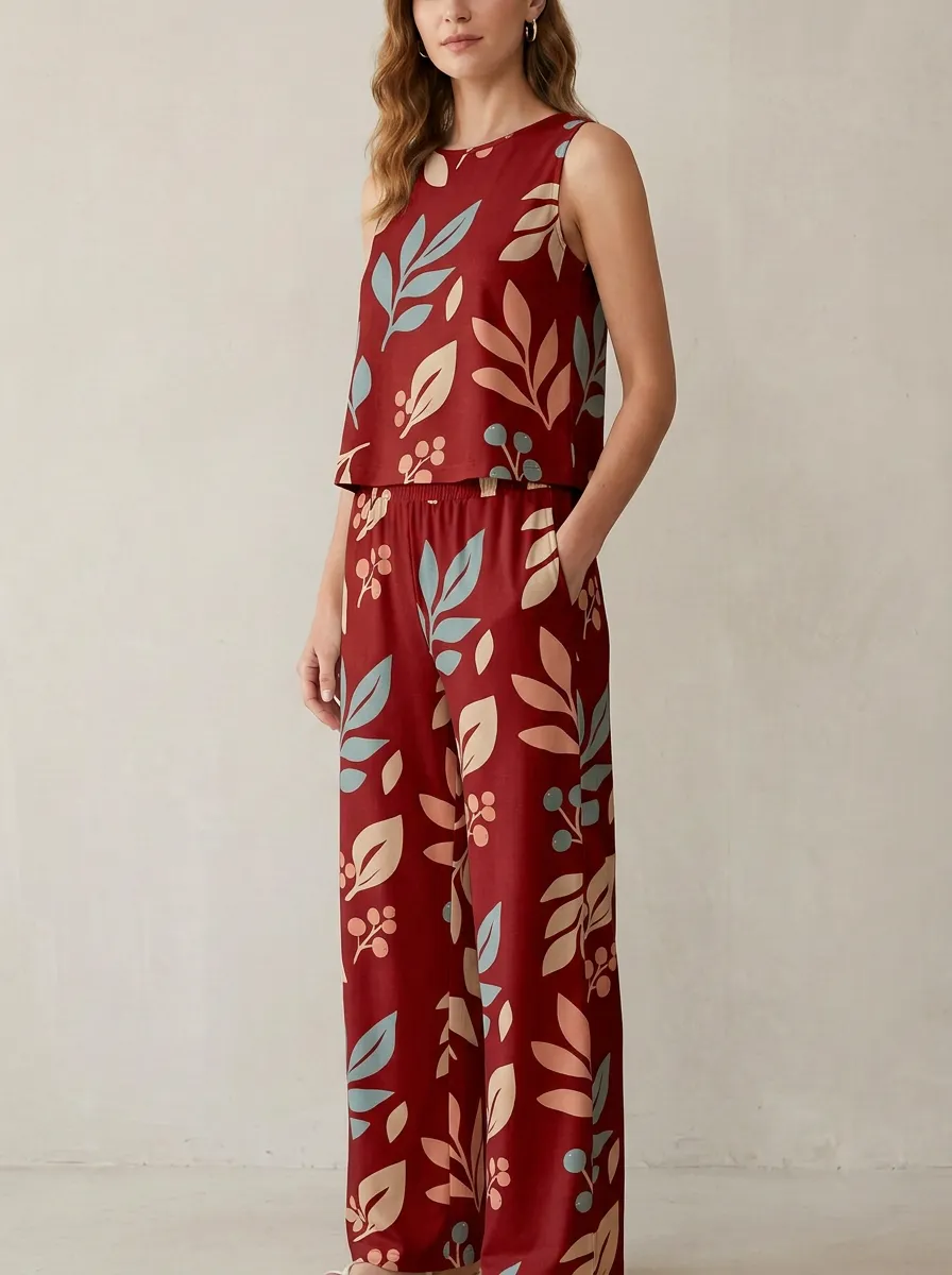 Women's Botanical Berry Print Sleeveless Top And Wide-Leg Trouser Lounge Set