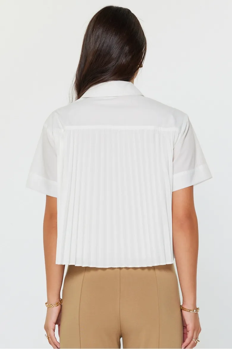 White Cropped Pleated Back Collared Shirt
