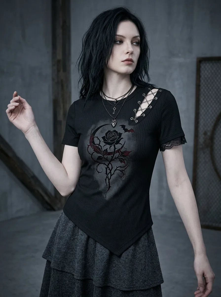 Darkwave Bat Rose Moon Edit Women's Gothic T-Shirt