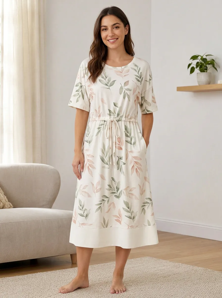 Women's Botanical Leaf Pattern Drawstring Waist Printed Dress