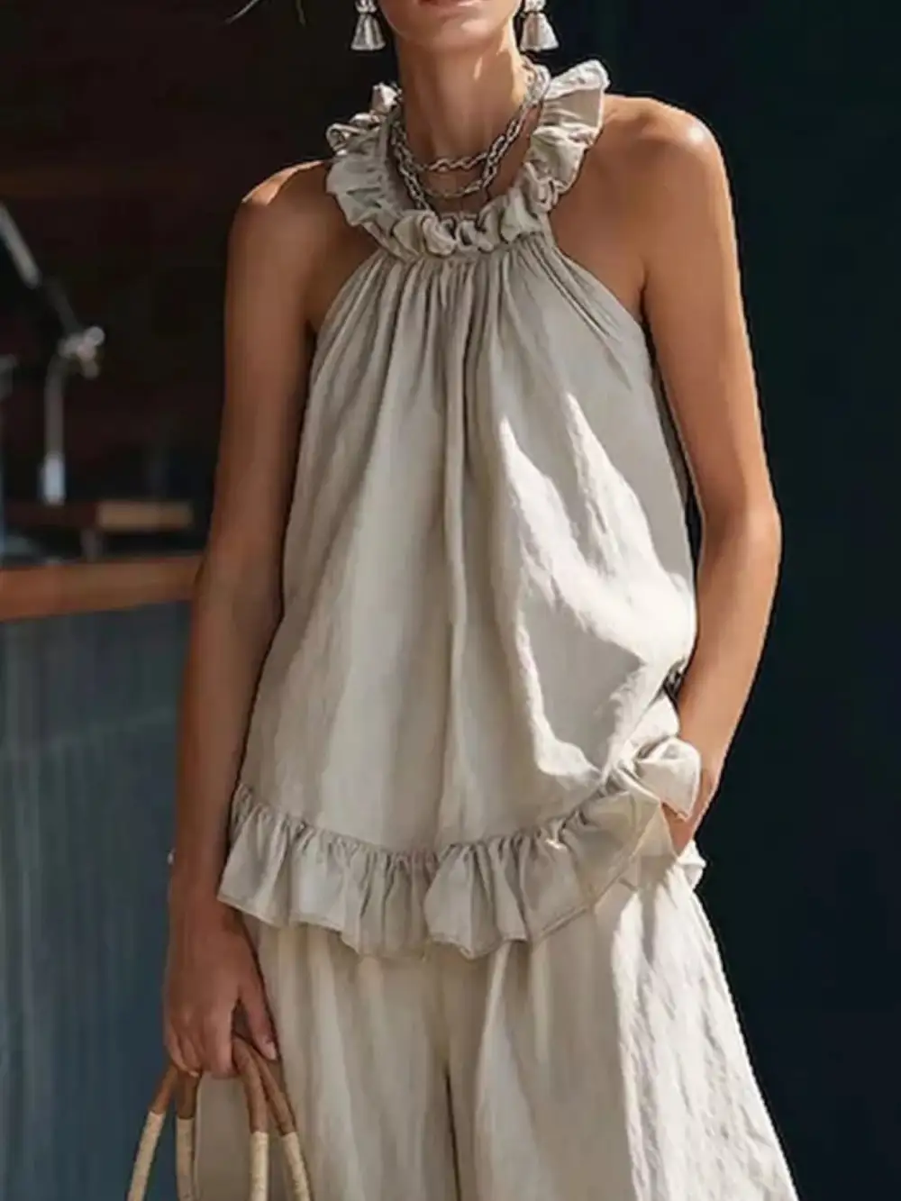Full Size Ruffled Halter Neck Top and Wide Leg