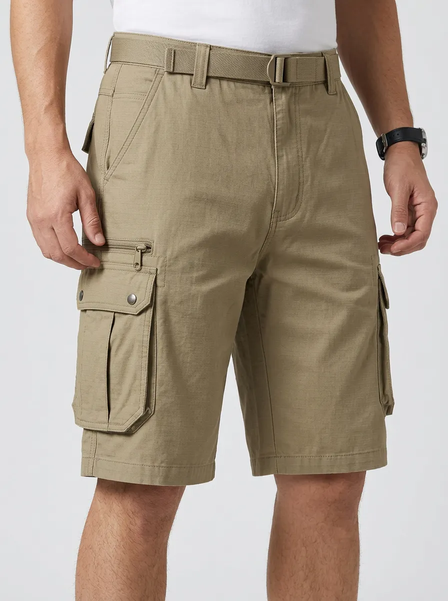 Men's Integrated Web Belt Snap Cargo Pockets Cargo Shorts