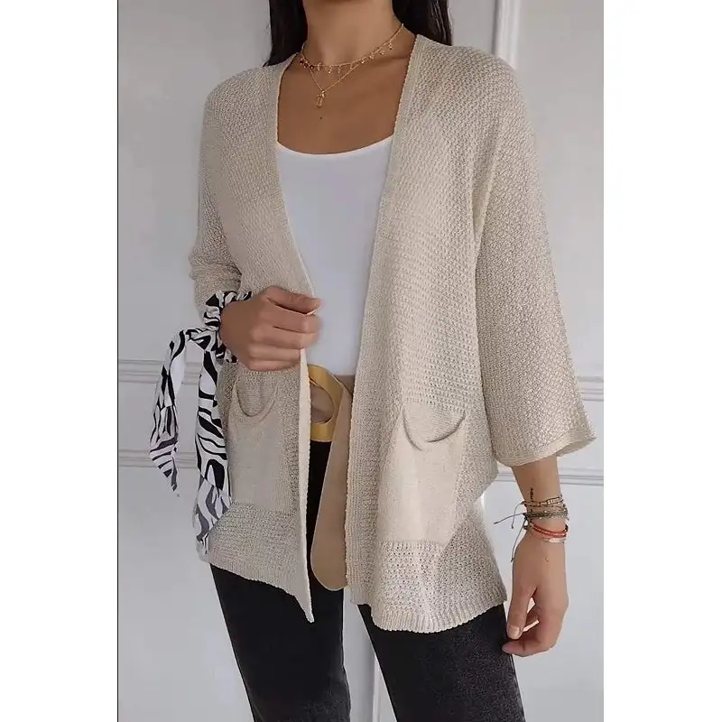 Women's Waffle-Knit Three-Quarter Sleeve Cardigan
