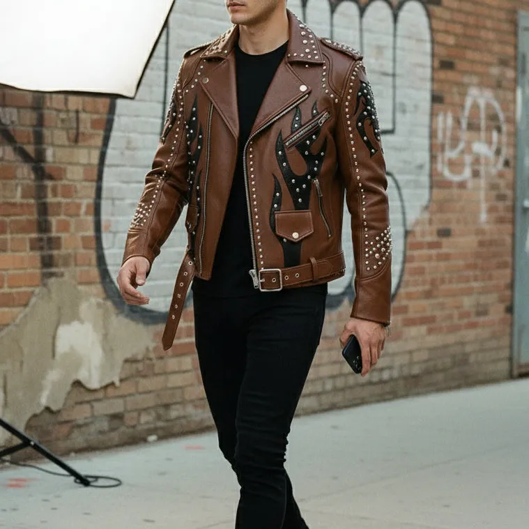 Modern Cowhide Biker Motorcycle Studded Jacket