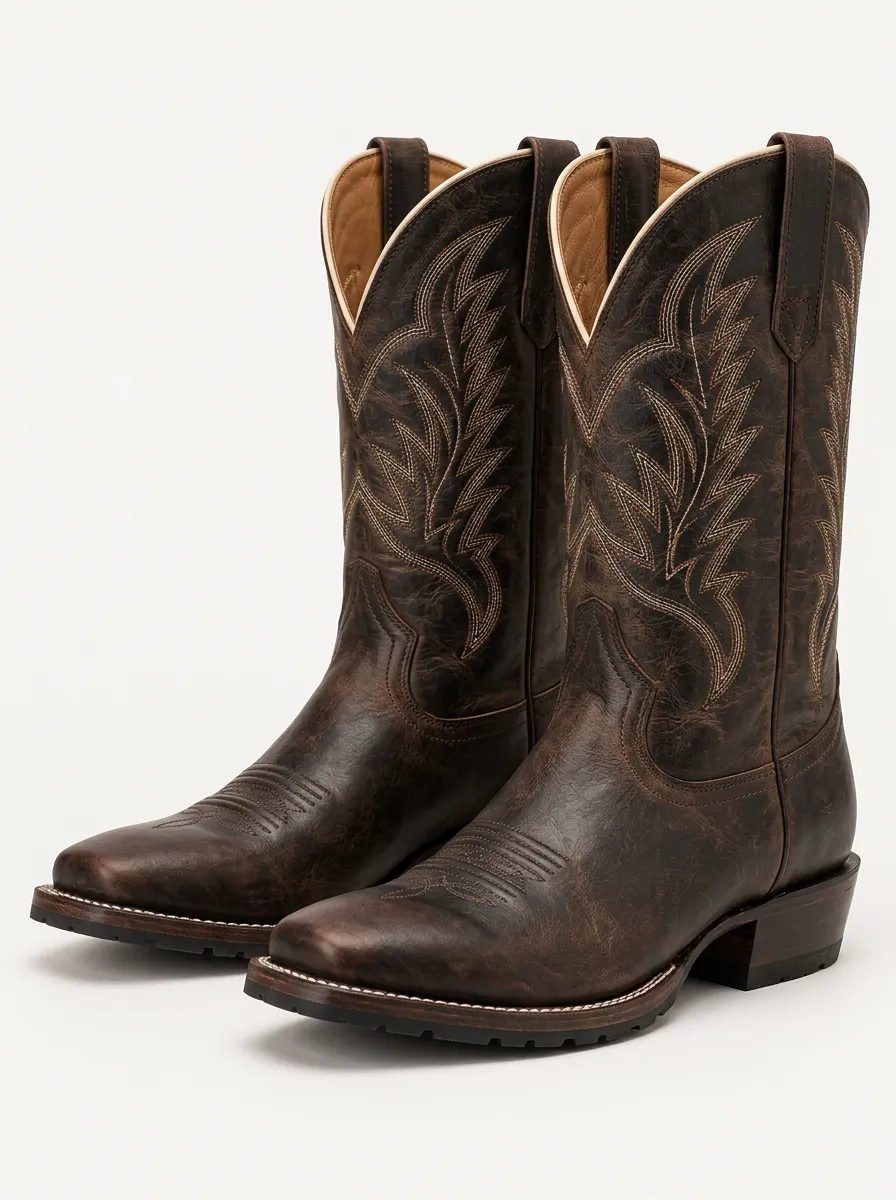 Men's Red Cowboy Boots with Embroidered Detail and Vintage Inspired