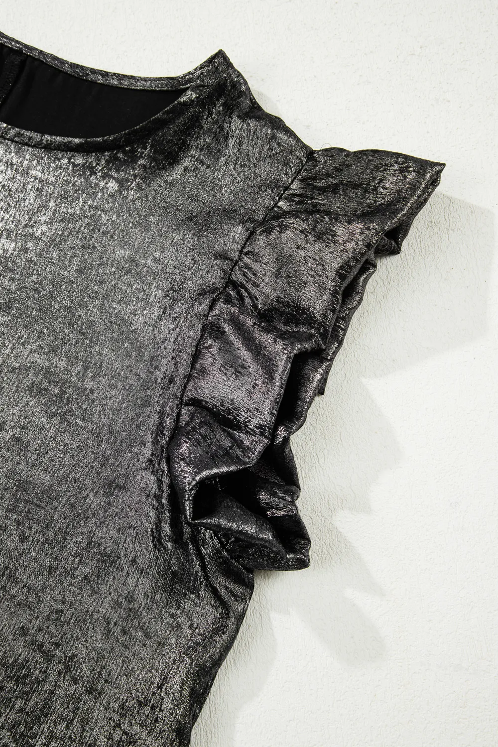 Silvery Metallic Round Neck Ruffle Top