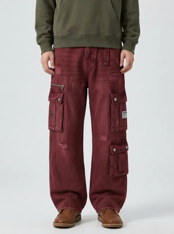 Men's Light Wash Distressed Cargo Pants