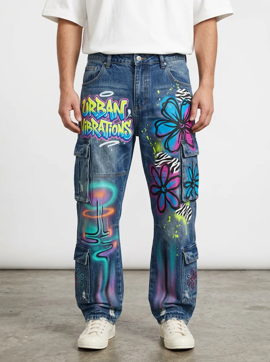 Men's Streetwear Urban Vibrations Graffiti Floral Graphic Cargo Jeans