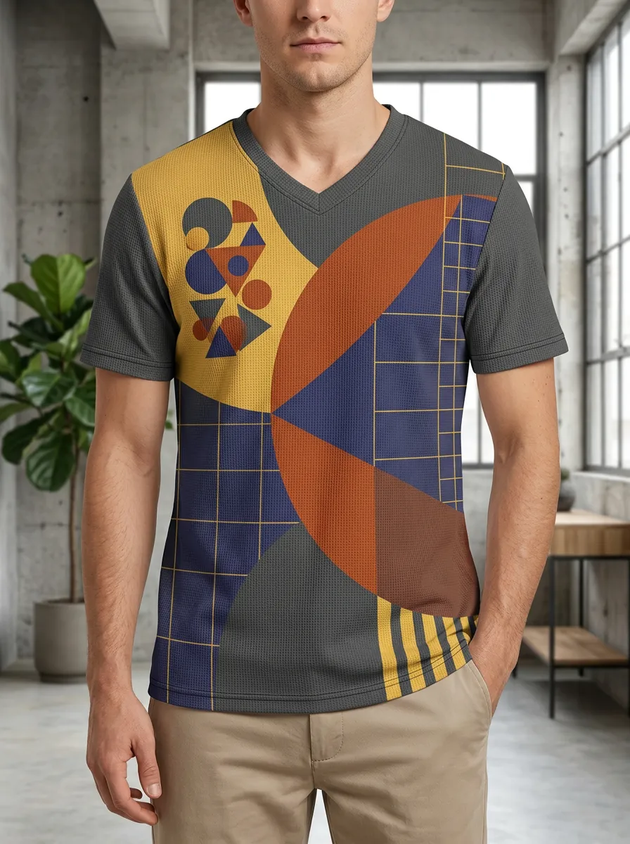 Men's Linear Geometric Abstract Pattern V-Neck T-Shirt