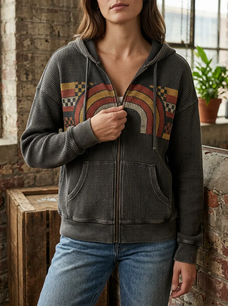 Women's Retro Rainbow Geometric Printed Waffle Zip Hoodie