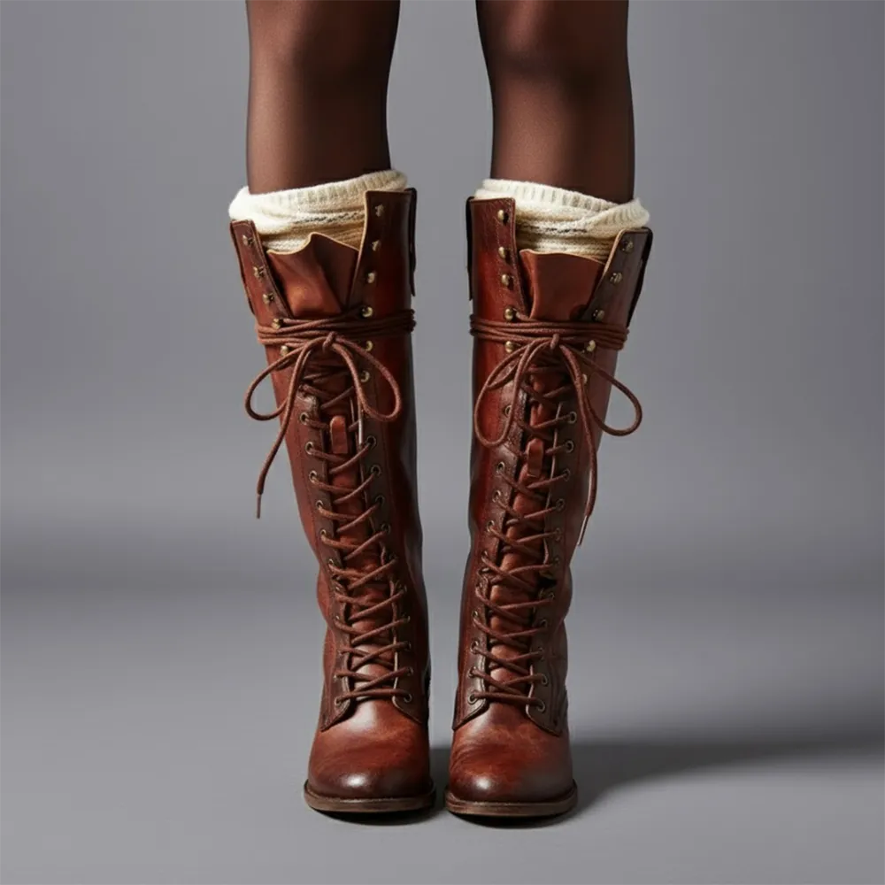 Lace Up Knee Tall Boots Block Heel Modern Tall Combat Boots
