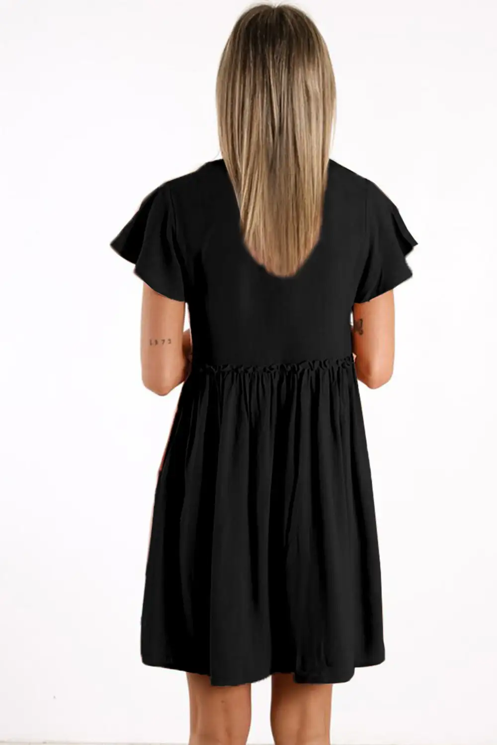 V Neck Buttoned Empire Waist Babydoll Mini Dress