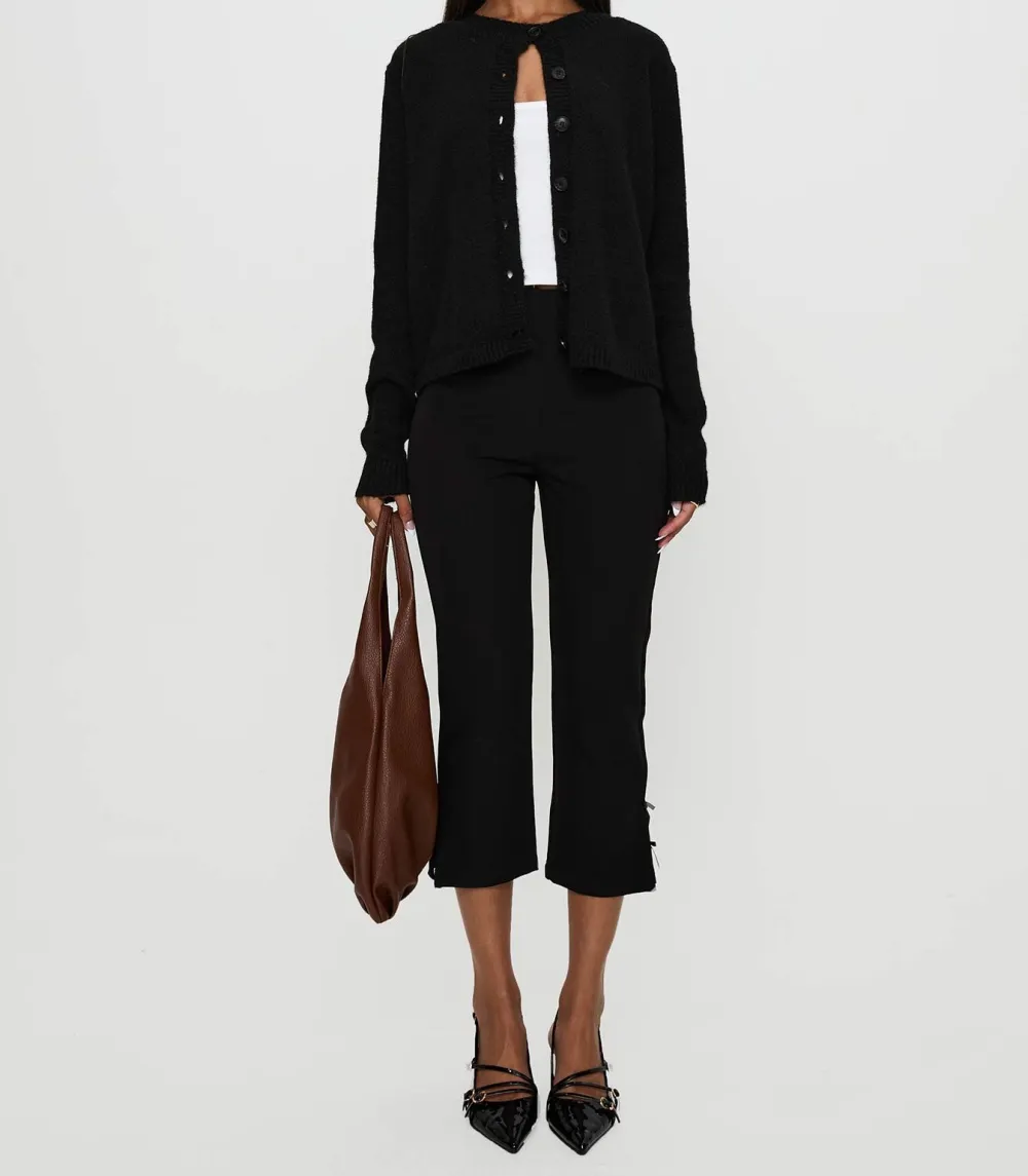 Black Knit Ruched Button-Up Cardigan