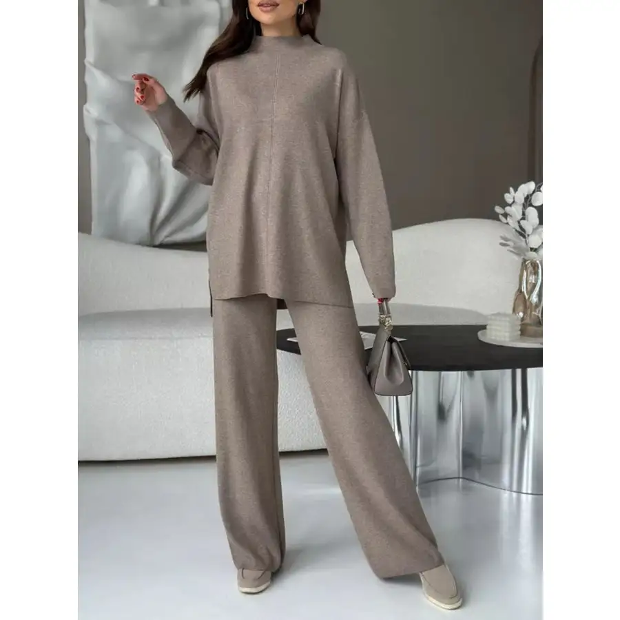 Slit Mock Neck Top and Pants Sweater Set