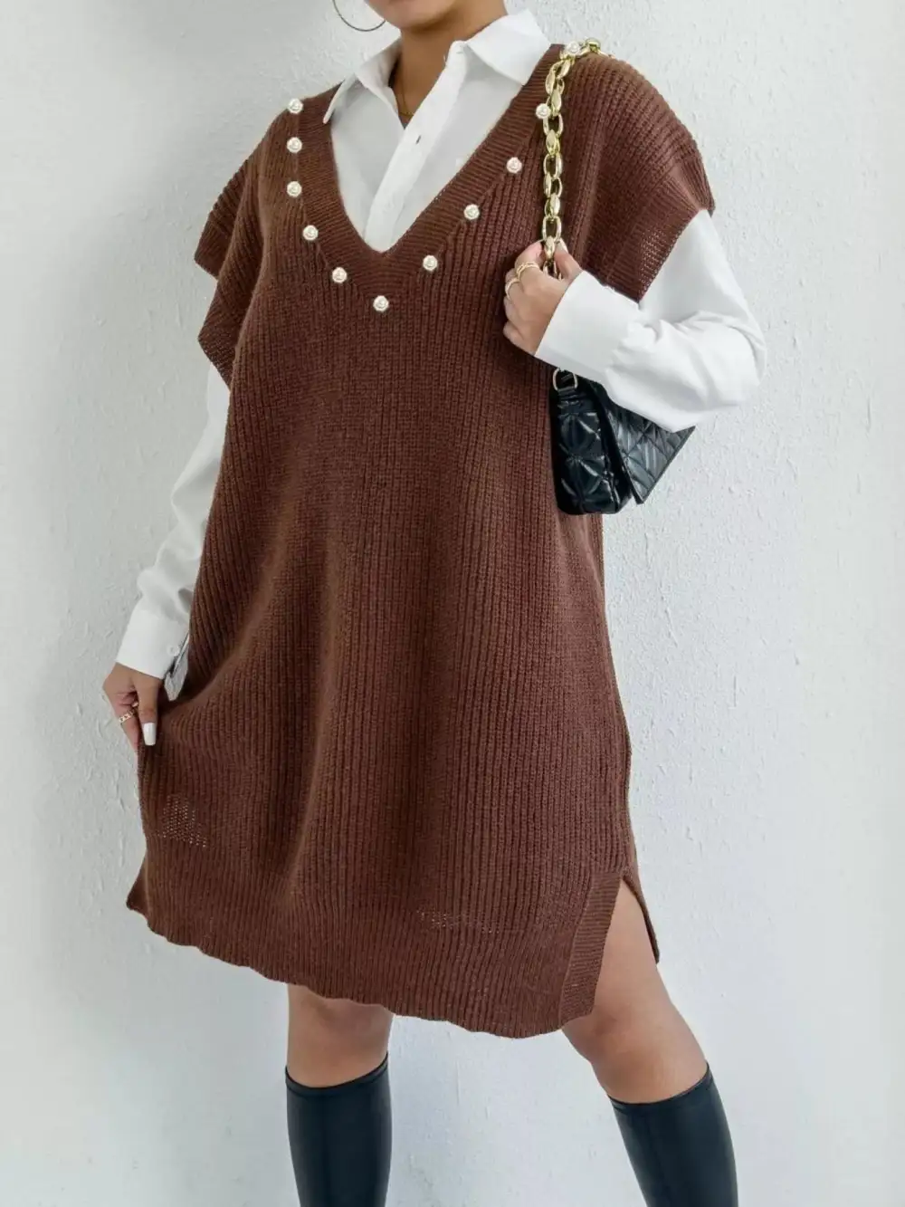 V Neck Slit Sweater Dress