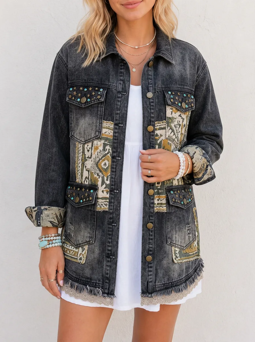 Women's Western Boho Studded Tribal Patchwork Printed Denim Jacket