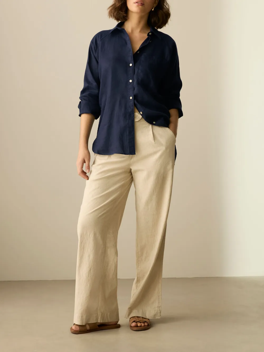 Linen Flat Collar Loose Long Sleeve Shirt