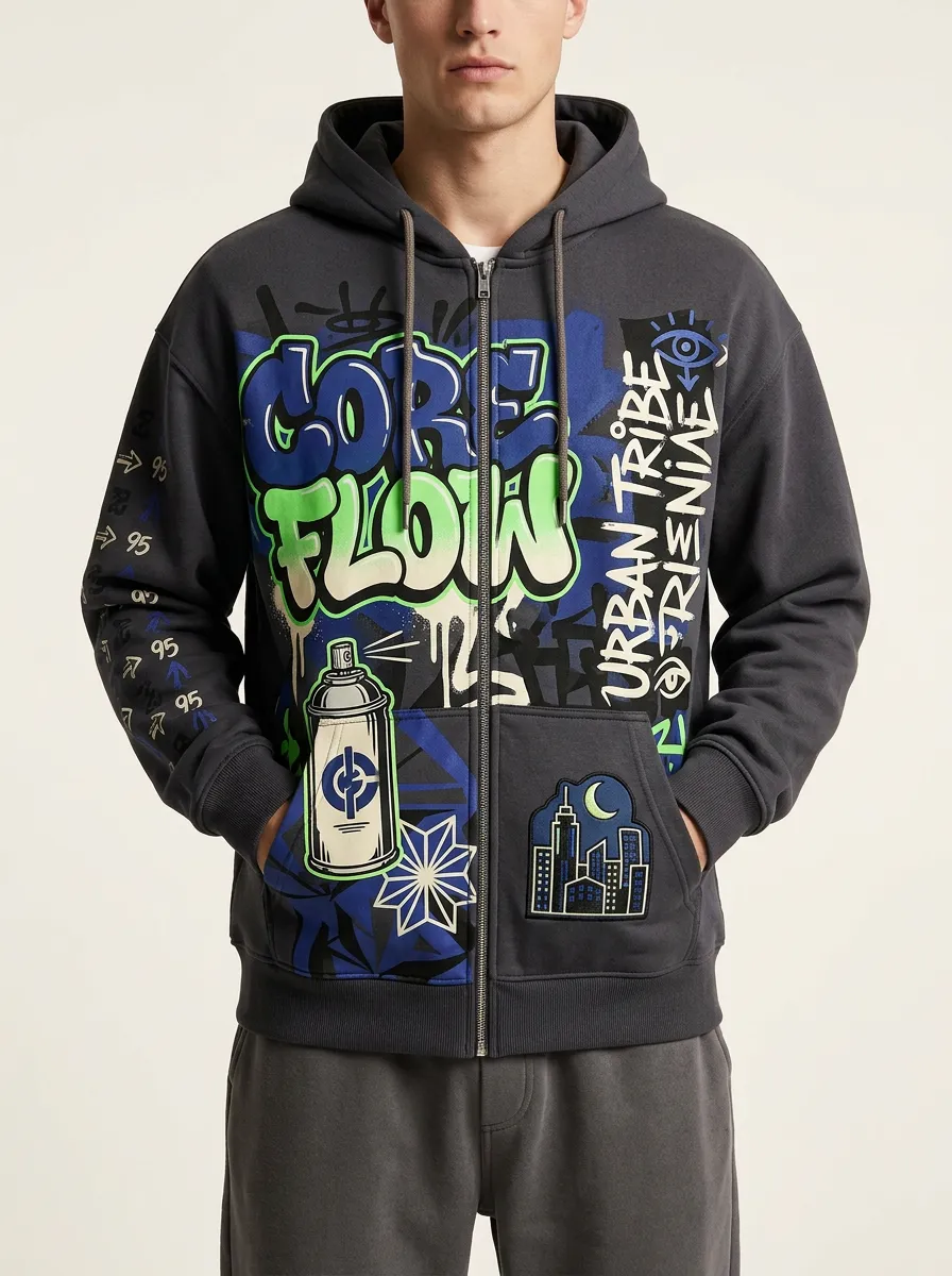 Men's Urban Streetwear Graffiti Core Flow Spray Paint Printed Zip-up Hoodie