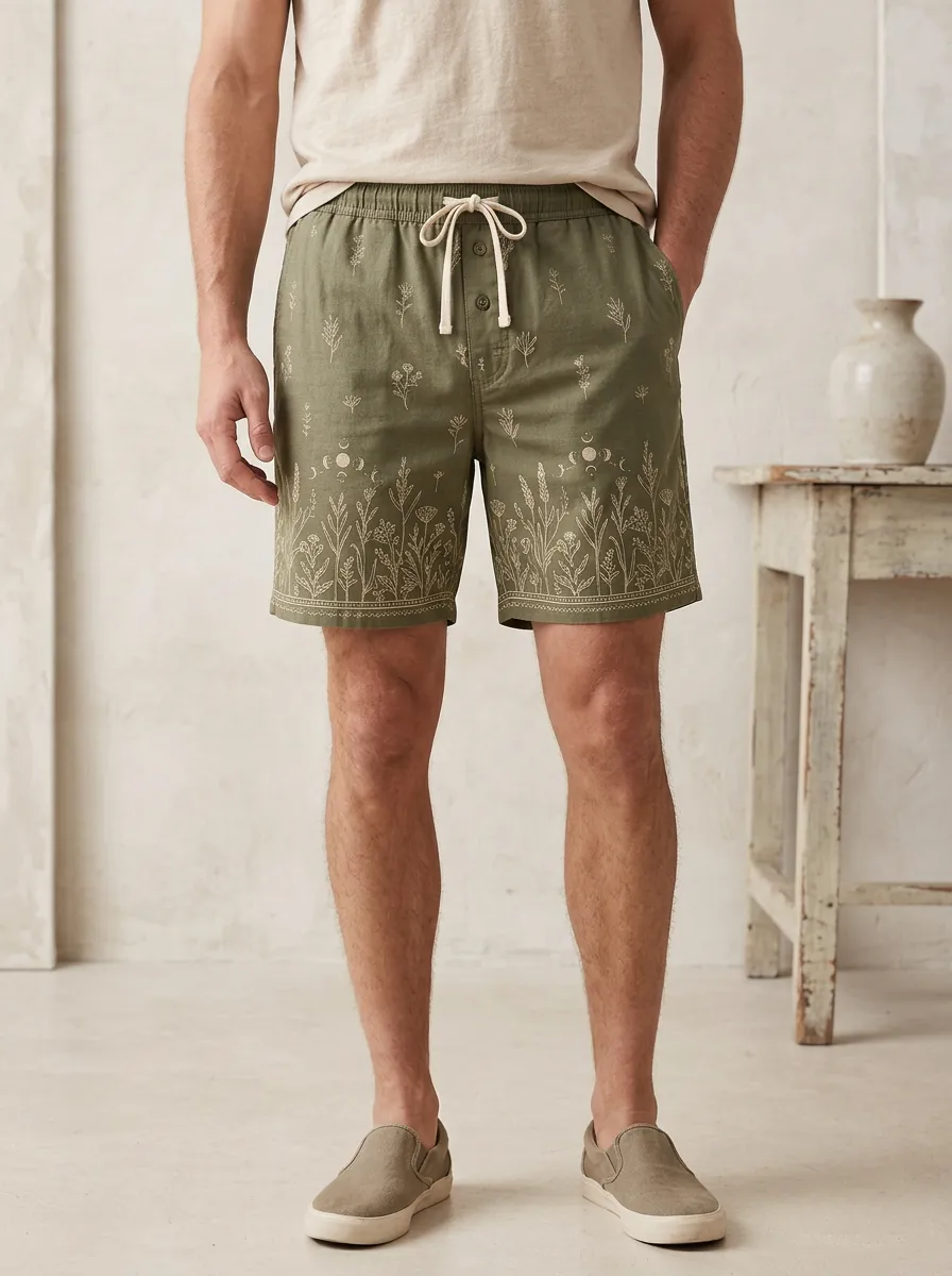Men's Boho Botanical Moon Phase Drawstring Shorts