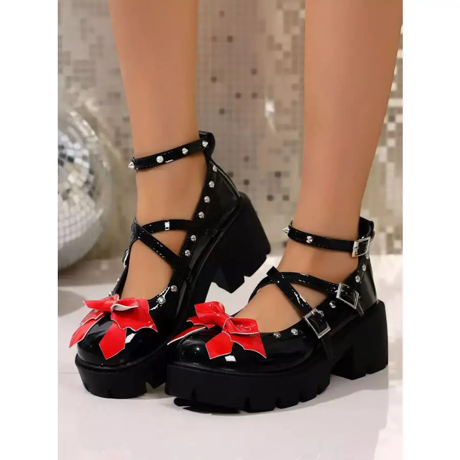 Bow Round Toe Block Heels Pumps