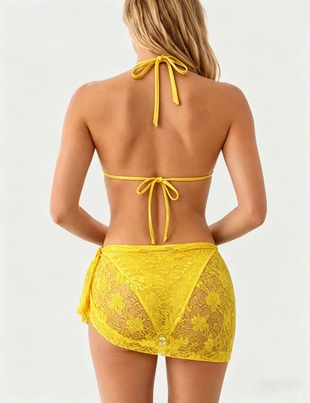 Lace Mesh Triangle Bikini Set with Sarong Set