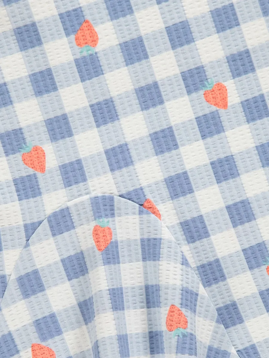 Blue Gingham Strawberry Ribbed Dress