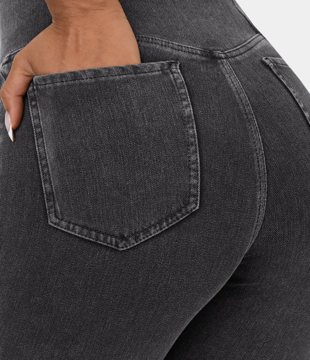 Magic High Waisted Crossover Pocket Cool Touch Washed Stretchy Knit Casual Super Flare Jeans