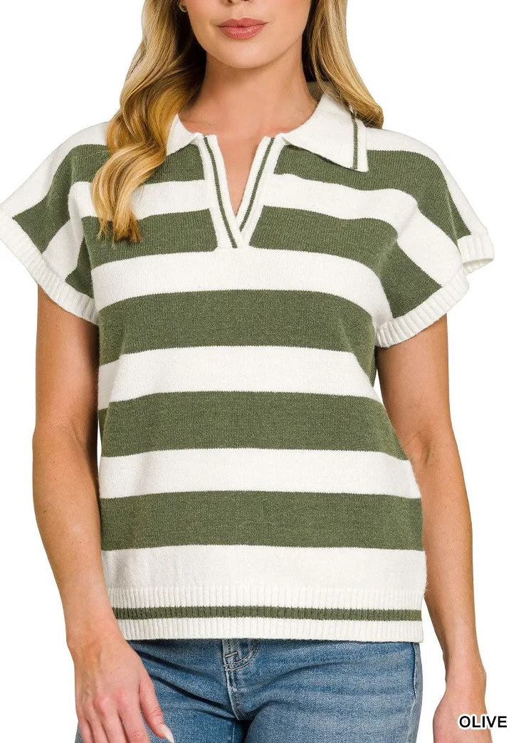 Short Sleeve Collared Striped Sweater