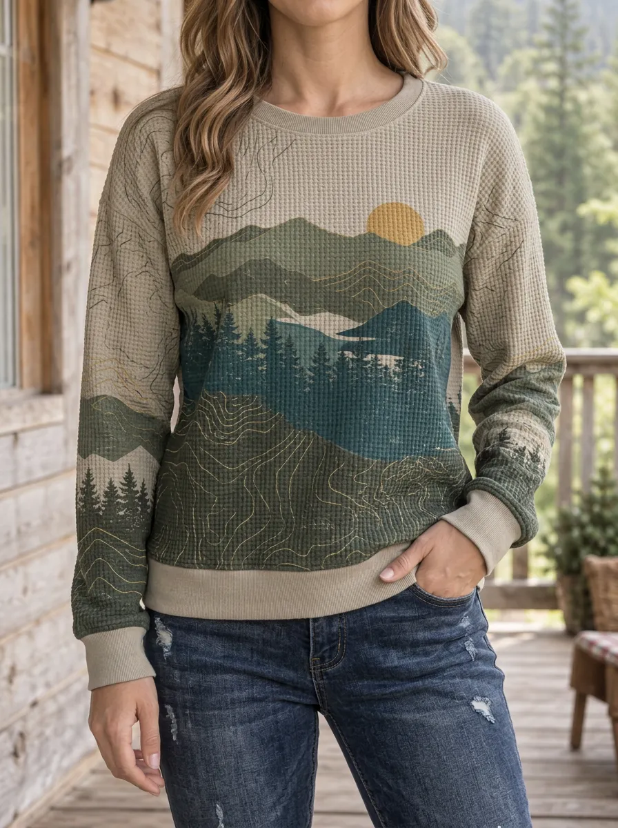 Women's Nature Lover Mountain Forest Printed Waffle Knit Crewneck Sweatshirt
