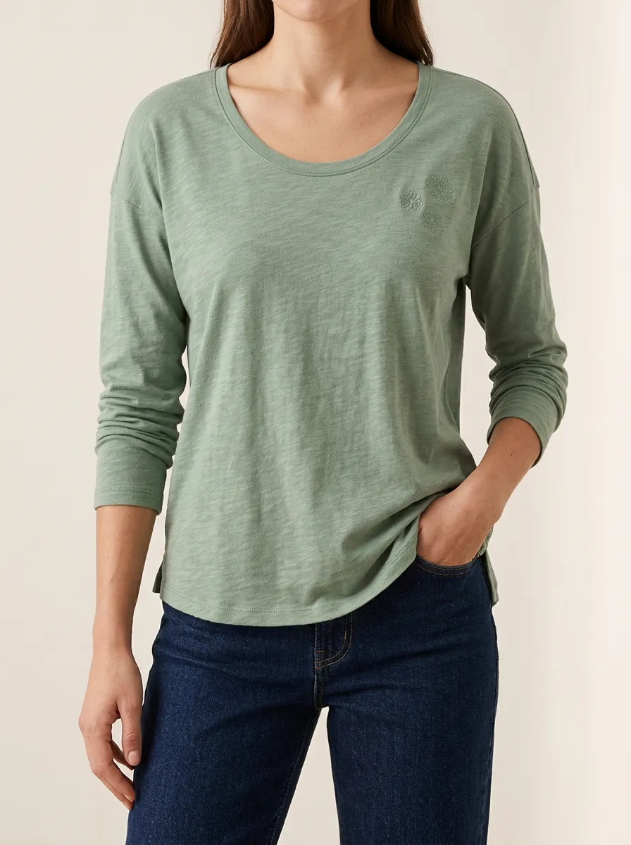 Floral Print Embroidered Detail Women's Long Sleeve Tee