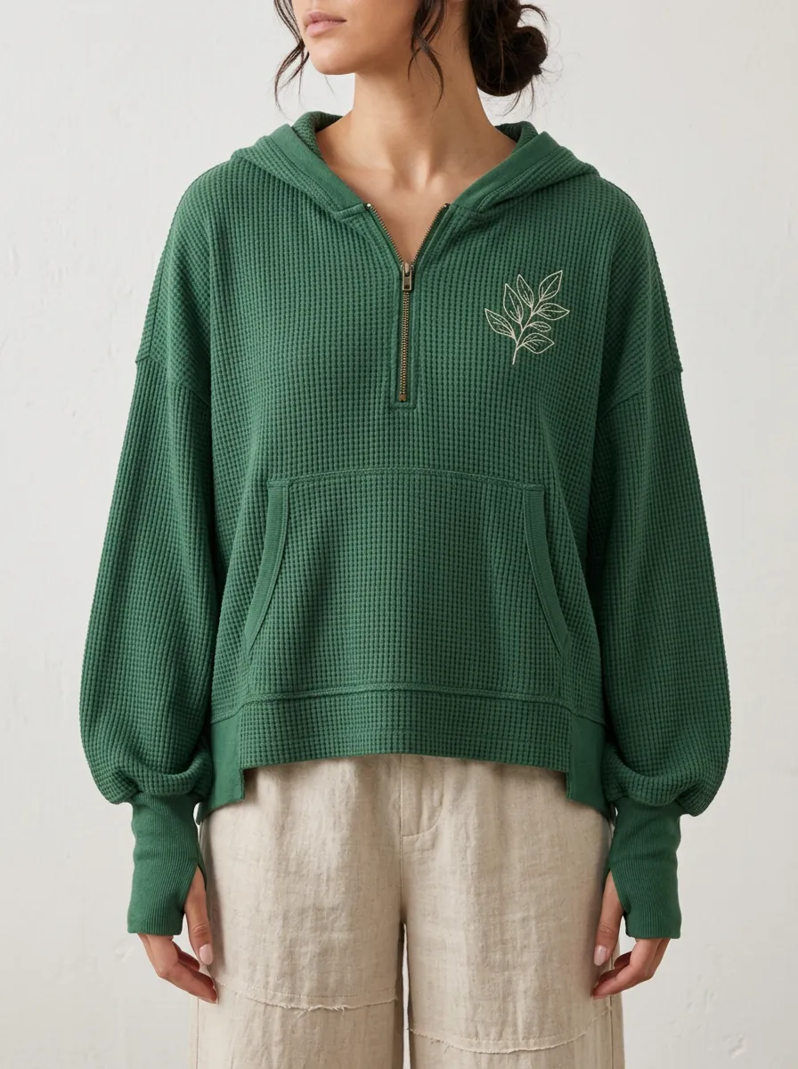 Women's Botanical Leaf Minimalist Printed Waffle Knit Hoodie