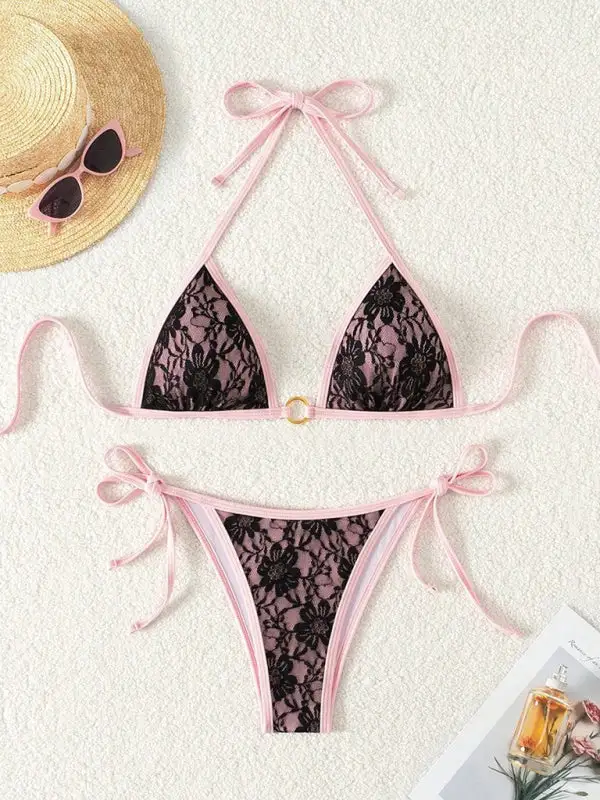Lace Trim Natural Drape Swim Set
