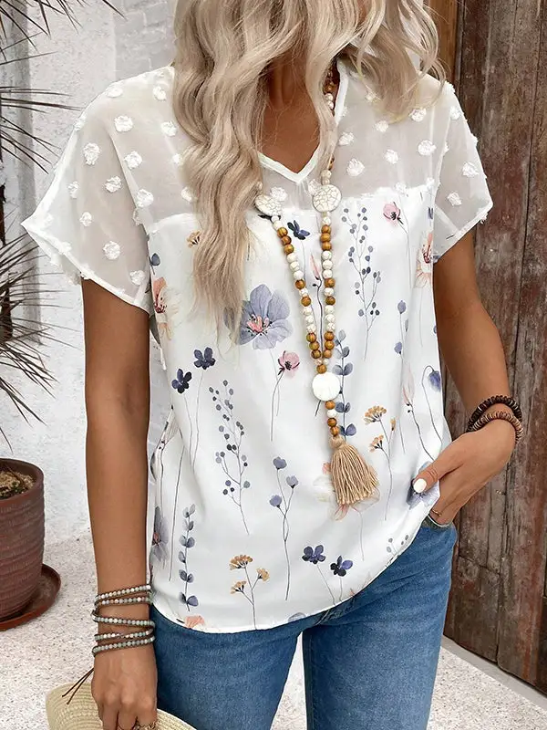 Relaxed Short Sleeve Floral Print Jacquard Panel Detail V-Neck T-Shirt