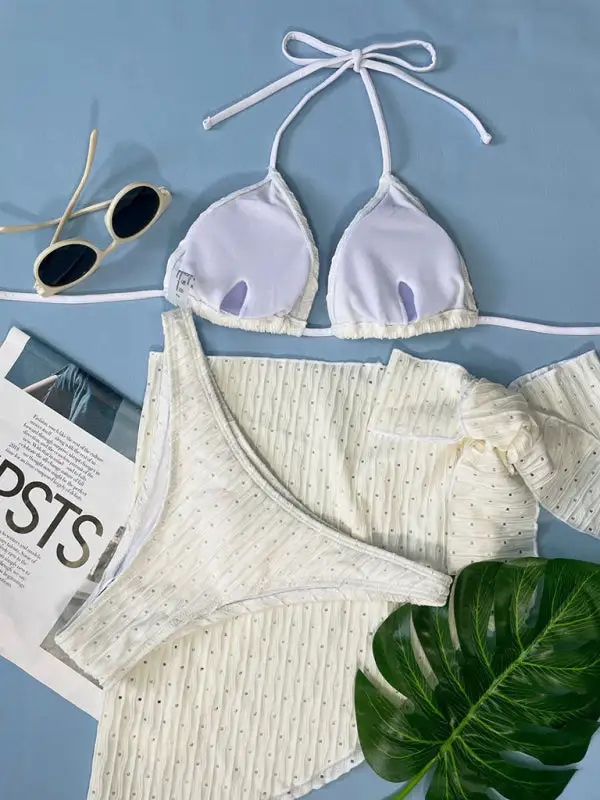 Lace Up Textured Layered Bikini Swim Set