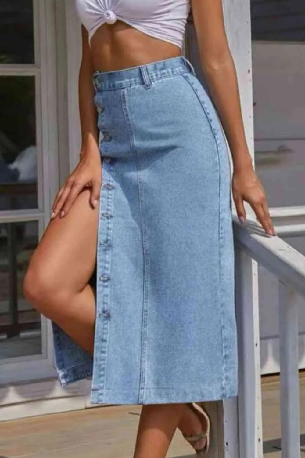 Denim Button Front Skirt